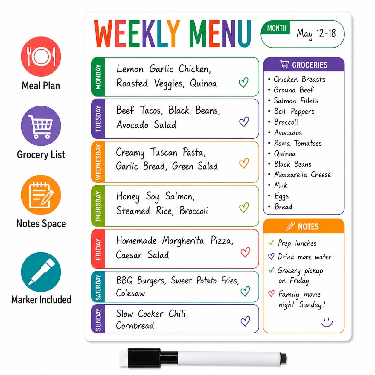 1pc Weekly Menu Fridge Whiteboard Sticker With 1 Erasable Marker, Dry Erase Meal Planner For Kitchen Grocery List Notes