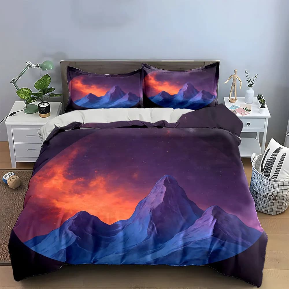 Set di decorazioni artistiche Mountain Sunset, set di biancheria da letto con copripiumino morbido e confortevole, include 1 copripiumino e 2 federe, regalo