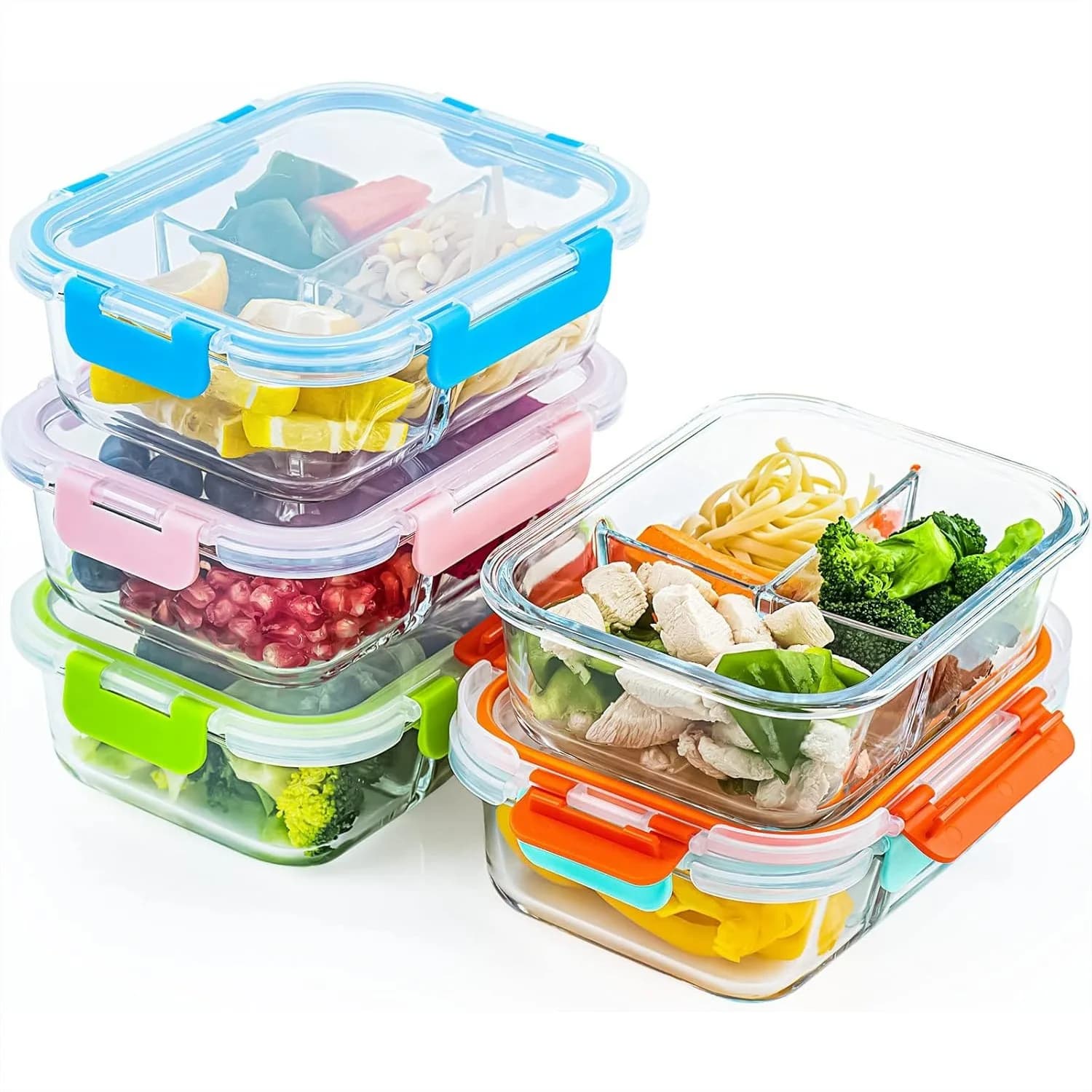 Contenitori in Vetro per Preparazione Pasti con 3 Scomparti e Coperchi, Set da 5 da 36oz, Contenitori Divisi Ermetici per Pranzo al Lavoro, Adatti al Microonde