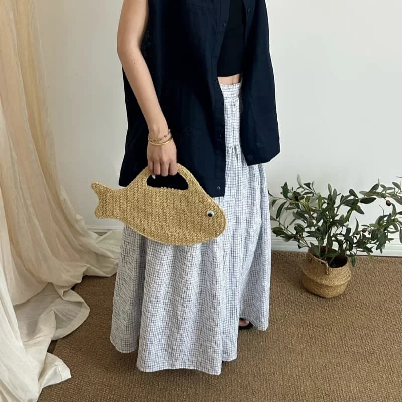 Cute Creative Fish Shaped Printed Embroidered Straw Woven Bag Summer Frosted Texture Tpu Jelly Handbag Beach Vacation Beach Bag