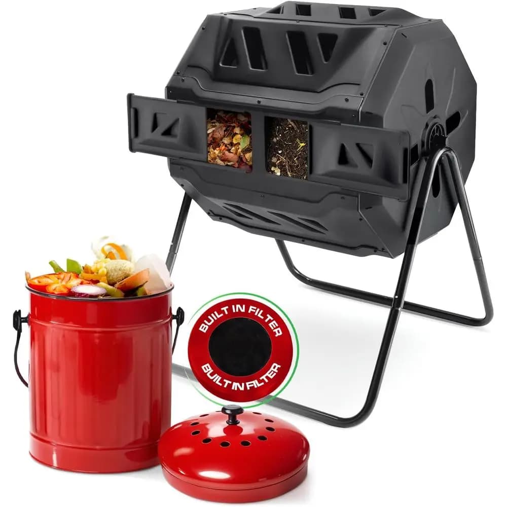 Set di contenitori per compost da 43 galloni per esterni e contenitori per compost da 1,5 galloni da cucina con coperchio e filtro a carbone - Bicchiere a doppia camera Rota