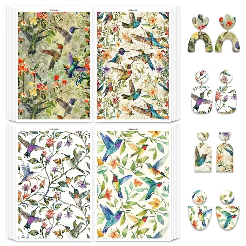 Polymer Clay Transfer Paper Retro Hummingbird Flowers Plants Pattern Water Soluble Sticker DIY Earrings Decal Crafts Supplies