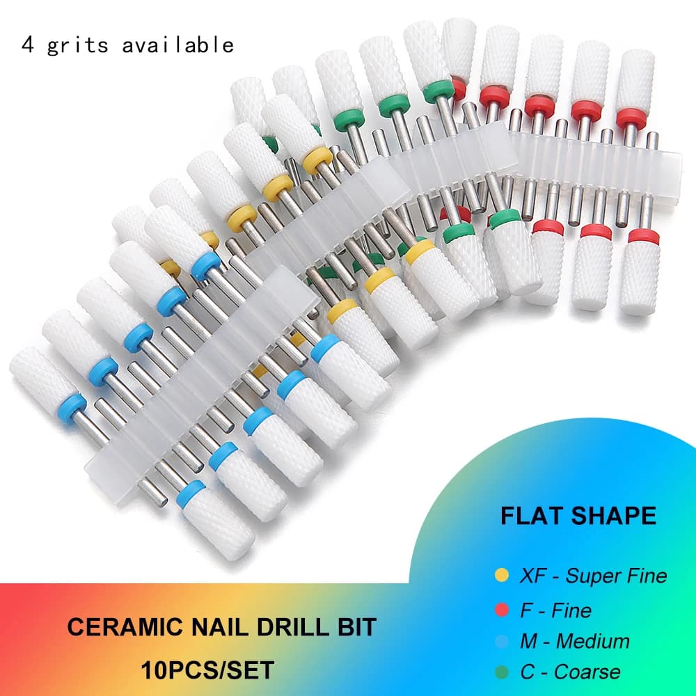Punte per fresa per unghie in ceramica a testa piatta (10 pezzi) - Set di frese per limatrici elettriche, per unghie in acrilico e gel