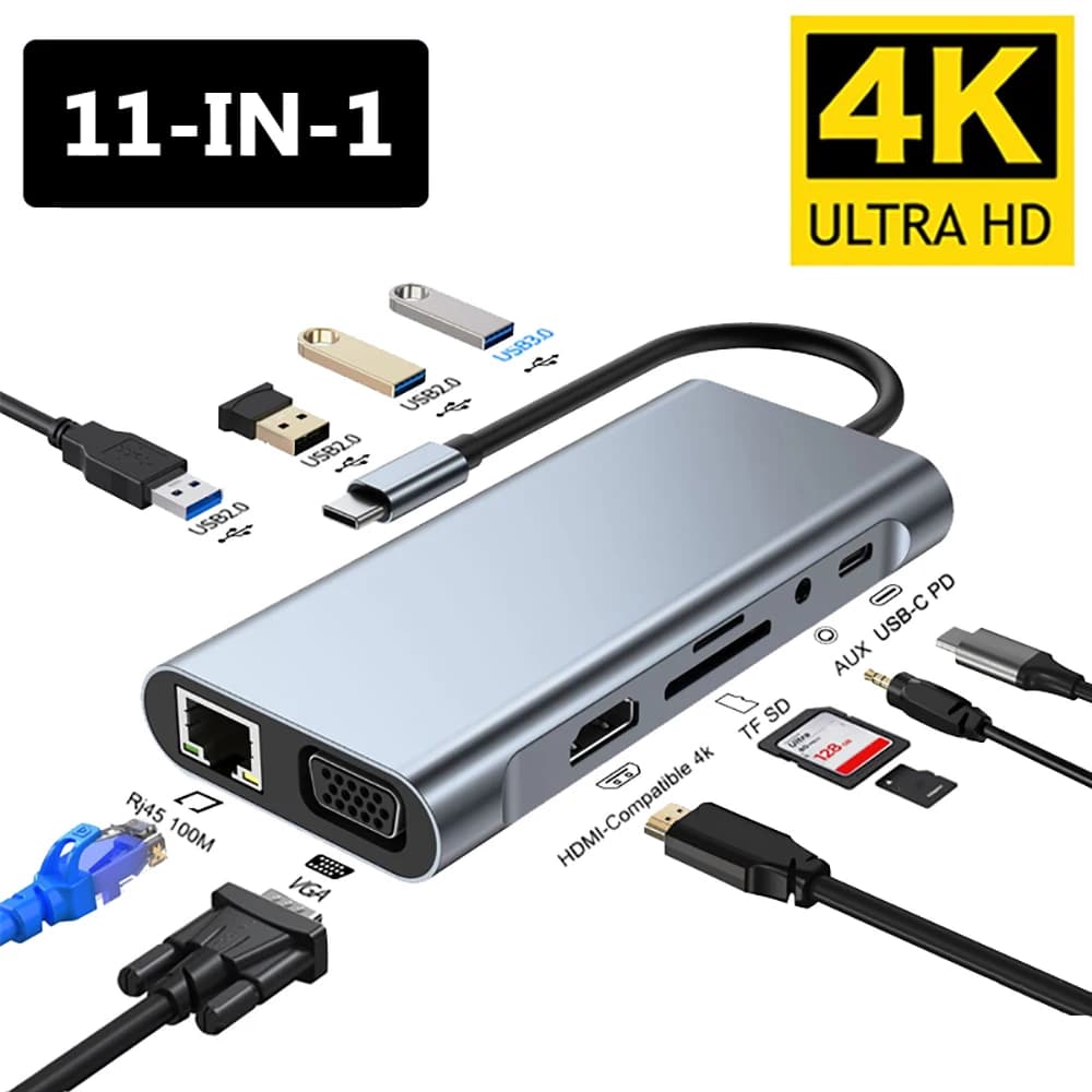 Docking station type C 11 in 1 HUB USB 3.0 Splitter USB C from type C to 4K HDMI VGA PD RJ45 Network Adapter 100M for MacBook Laptop