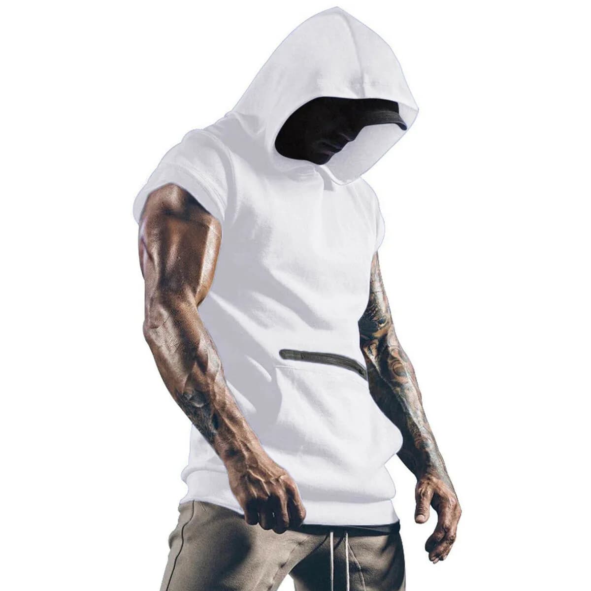 2025 Nuova tasca con cerniera da uomo decorata con cappuccio elegante e confortevole parkour da uomo T-shirt casual sportiva Canotta traspirante