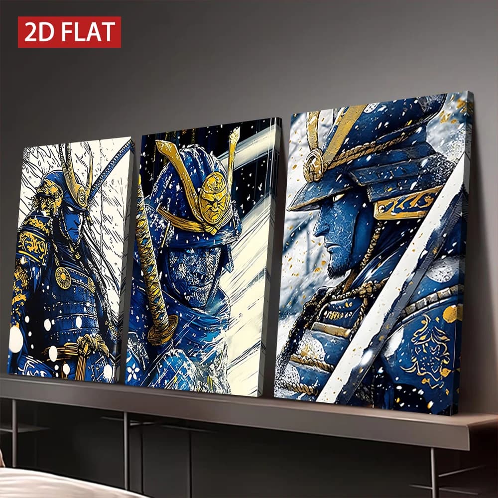 Set di 3 Quadri su Tela con Cornice in Legno, Stampa Artistica di Samurai Giapponesi in Scena Invernale, Decorazione Moderna per Soggiorno e Ufficio