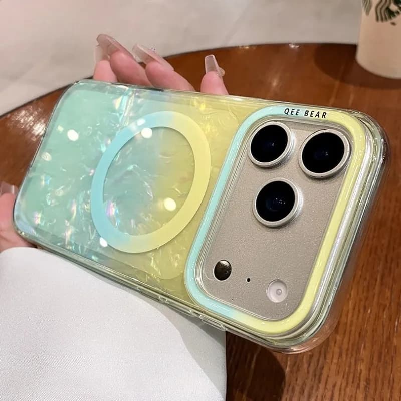 Gradient Rainbow Shell Pattern Magnetic Phone Case For iPhone 15 16 17 18 Pro Max Laser Aurora For Magsafe Shockproof Soft Cover