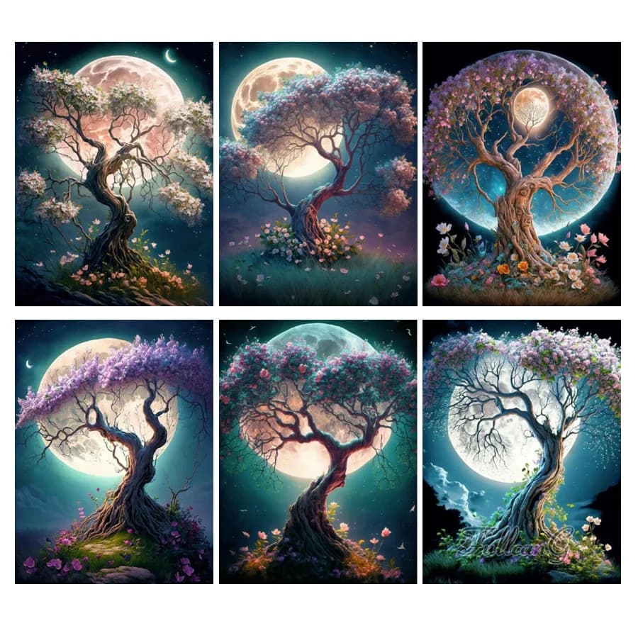 Fantasy Night Scenery Mosaic Embroidery Rhinestone Moon Tree Full Diamond Painting Cross Stitch Flower Picture Home Decor