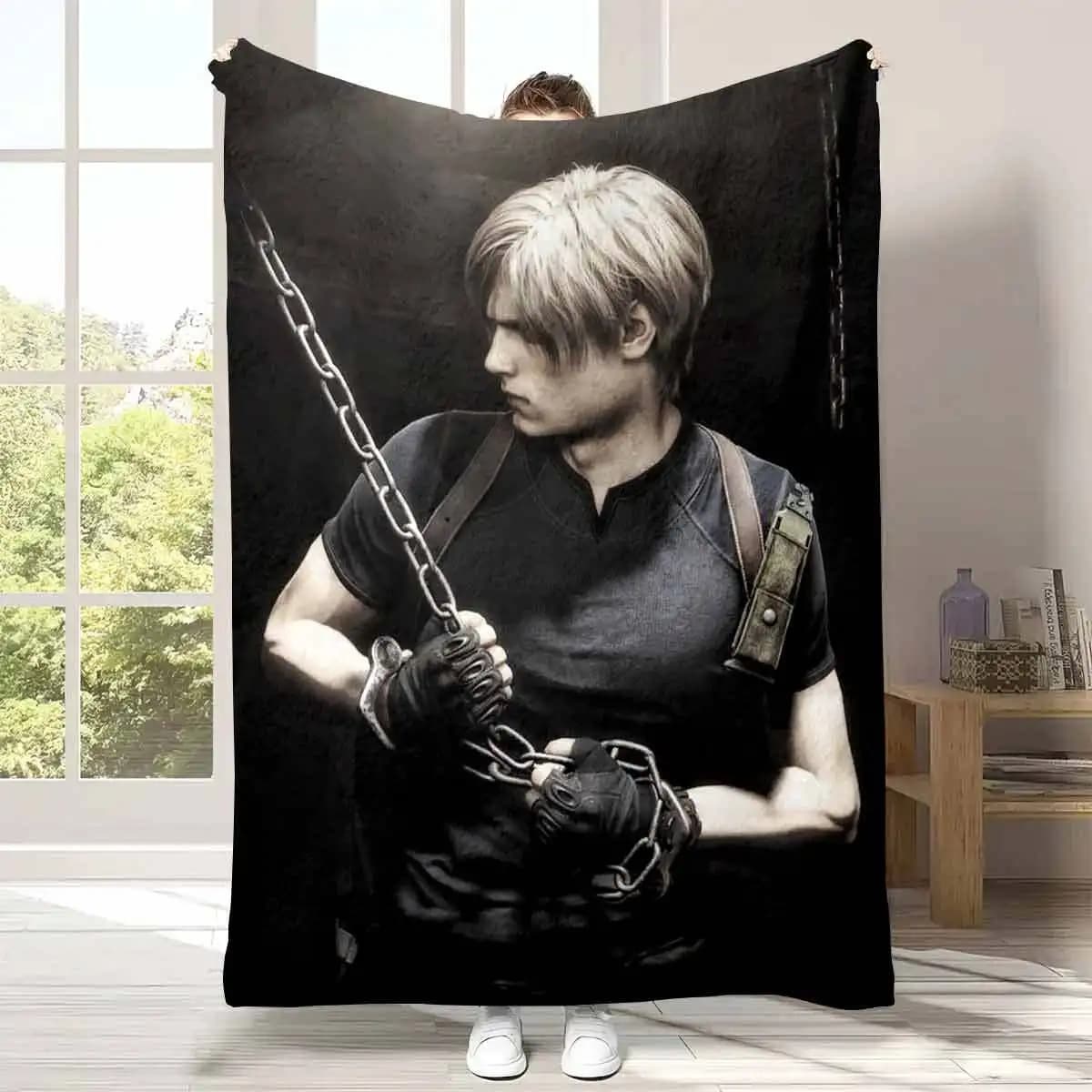 1pc R-Resident Evil Leon Kennedy Flannel Blanket, Game Fans Throw Blanket All-Season Soft Warm Bedspread for Bedroom Living Room