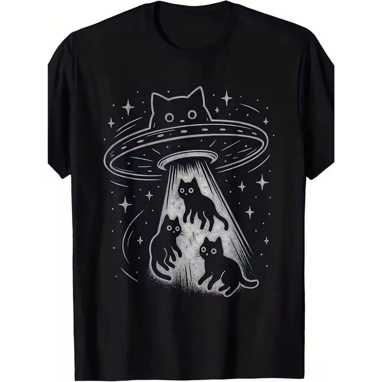 Essential Basic,Funny Cat UFO Cute Kitten Spaceship Alien Aesthetic T-Shirt | Men'S Casual Short Sleeves, Comfortable Fit, Playful Print, Round Neck