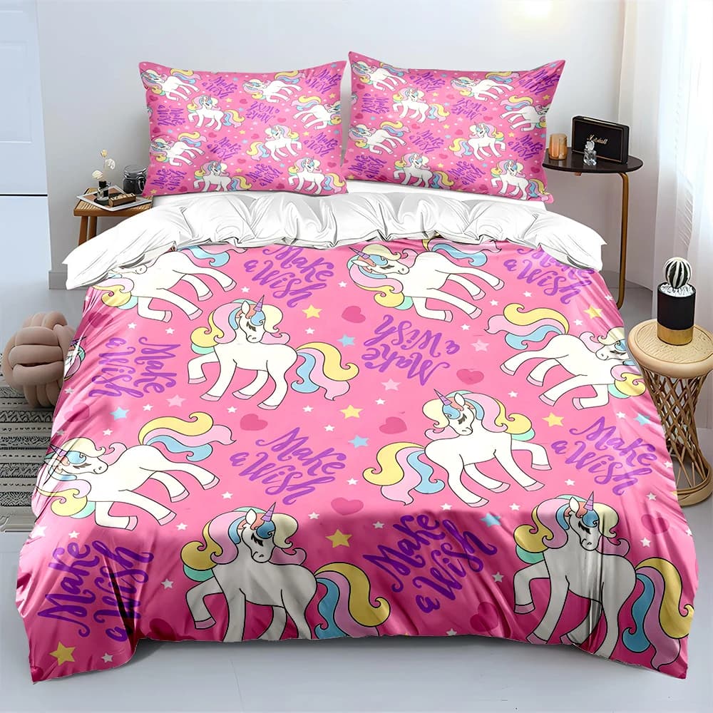 Set di biancheria da letto con 3 unicorni colorati su sfondo rosa, 1 copripiumino, 2 federe per adulti e bambini, regalo di lusso, misura completa