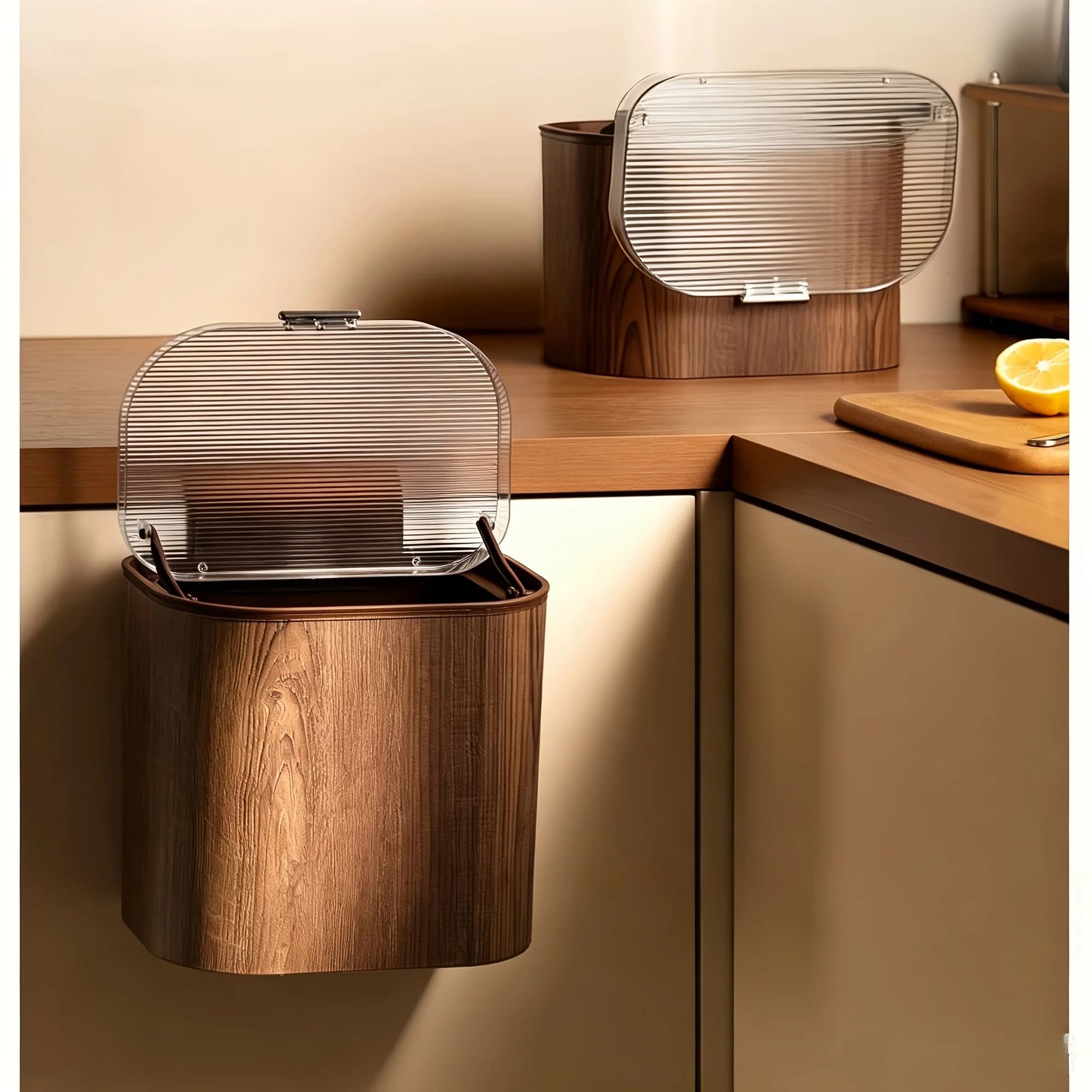 Punch Free Wood Grain Hanging Kitchen Trash Can Flip Lid Wall Mount Cabinet Door Food Waste Bin-【large】