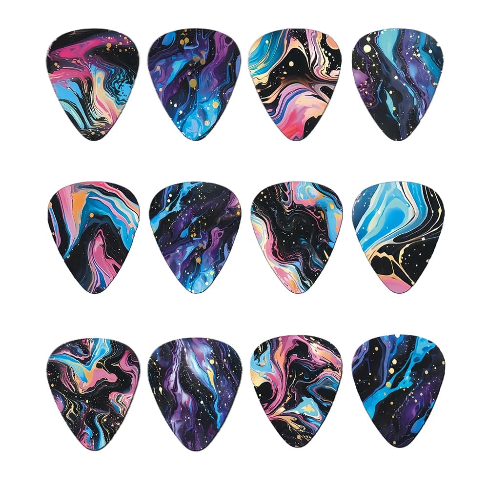 Nuovo design Set di plettri per chitarra Modello unico da 12 pezzi Stampa fronte-retro Plettri per chitarra acustica Accessori per strumenti musicali