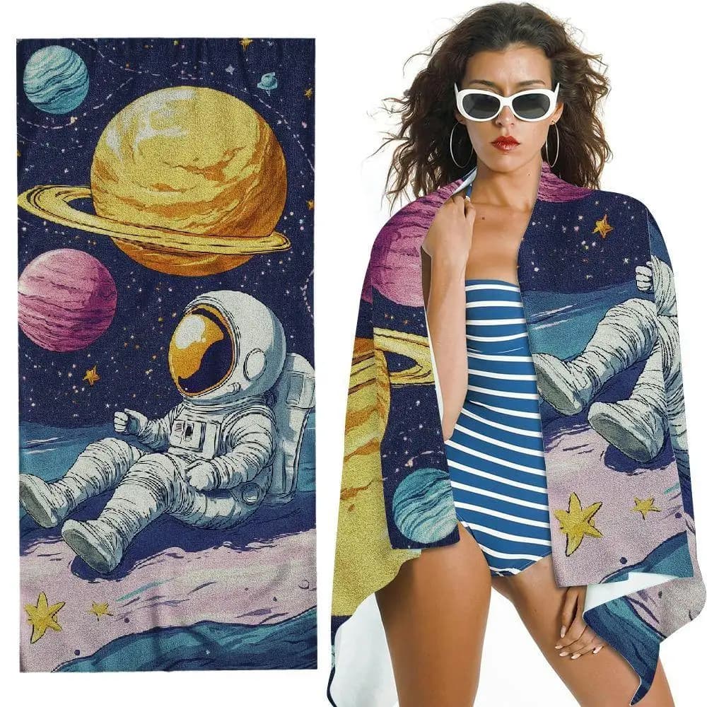 Asciugamano da spiaggia in microfibra ultra morbida con design a forma di astronauta dei cartoni animati: asciugatura rapida, super assorbente e leggero per viaggi, nuoto,