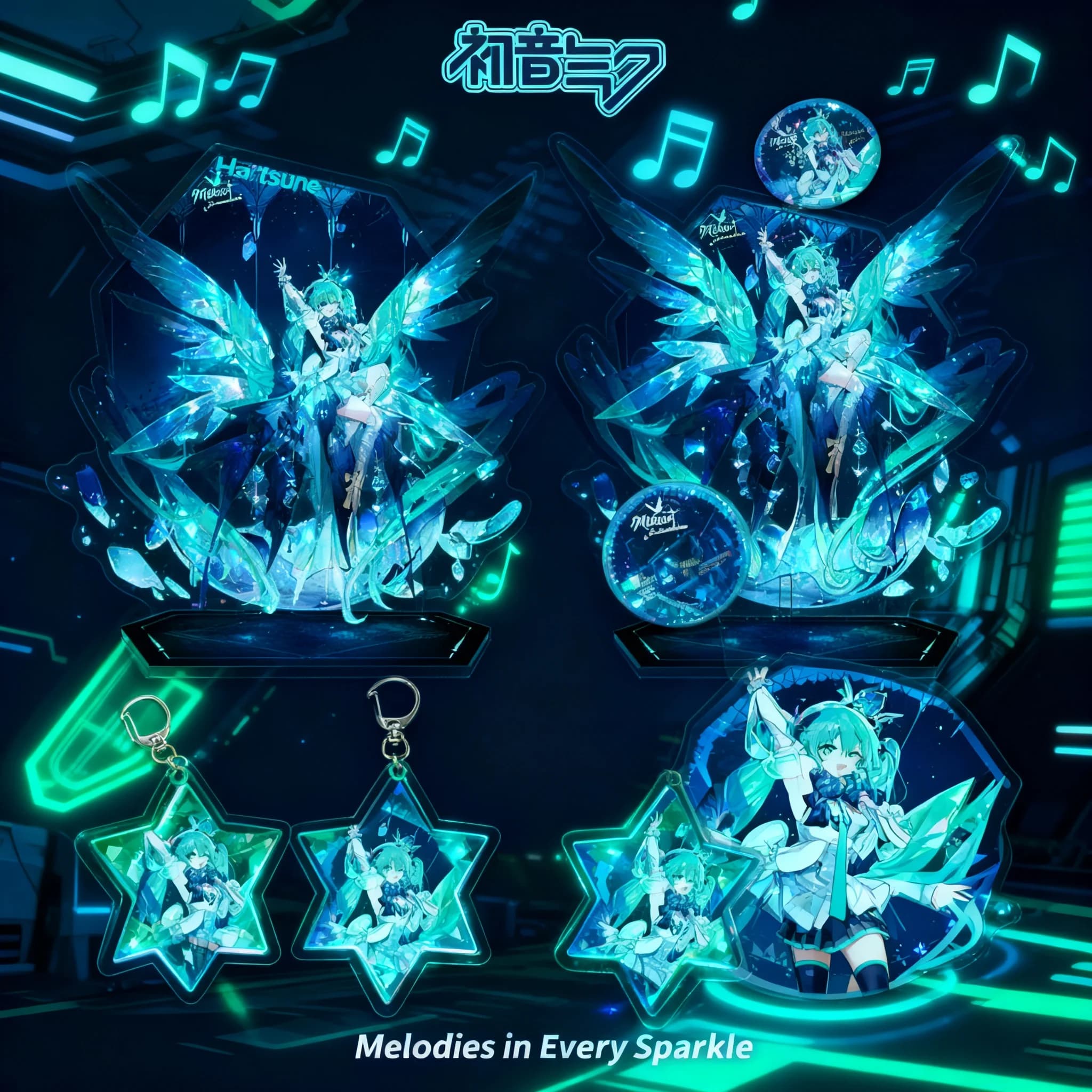 Set di Accessori a Tema Miku 16° Anniversario Future Dream: Portachiavi, Badge, Spilla e Stand in Acrilico Stratificato - Collezione