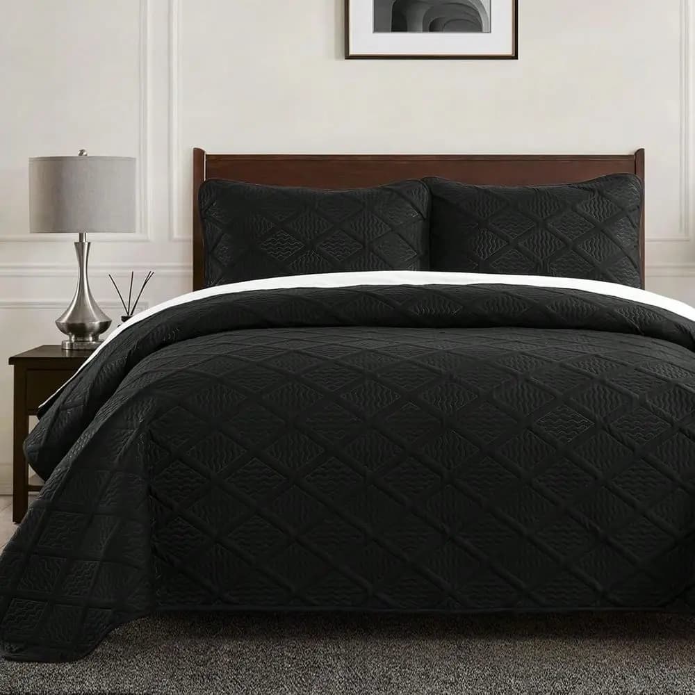 Set Copriletto Nero Trapuntato Leggero con Motivo a Onde Ultrasoniche in Morbida Microfibra per Stile Moderno, Misure Queen e King