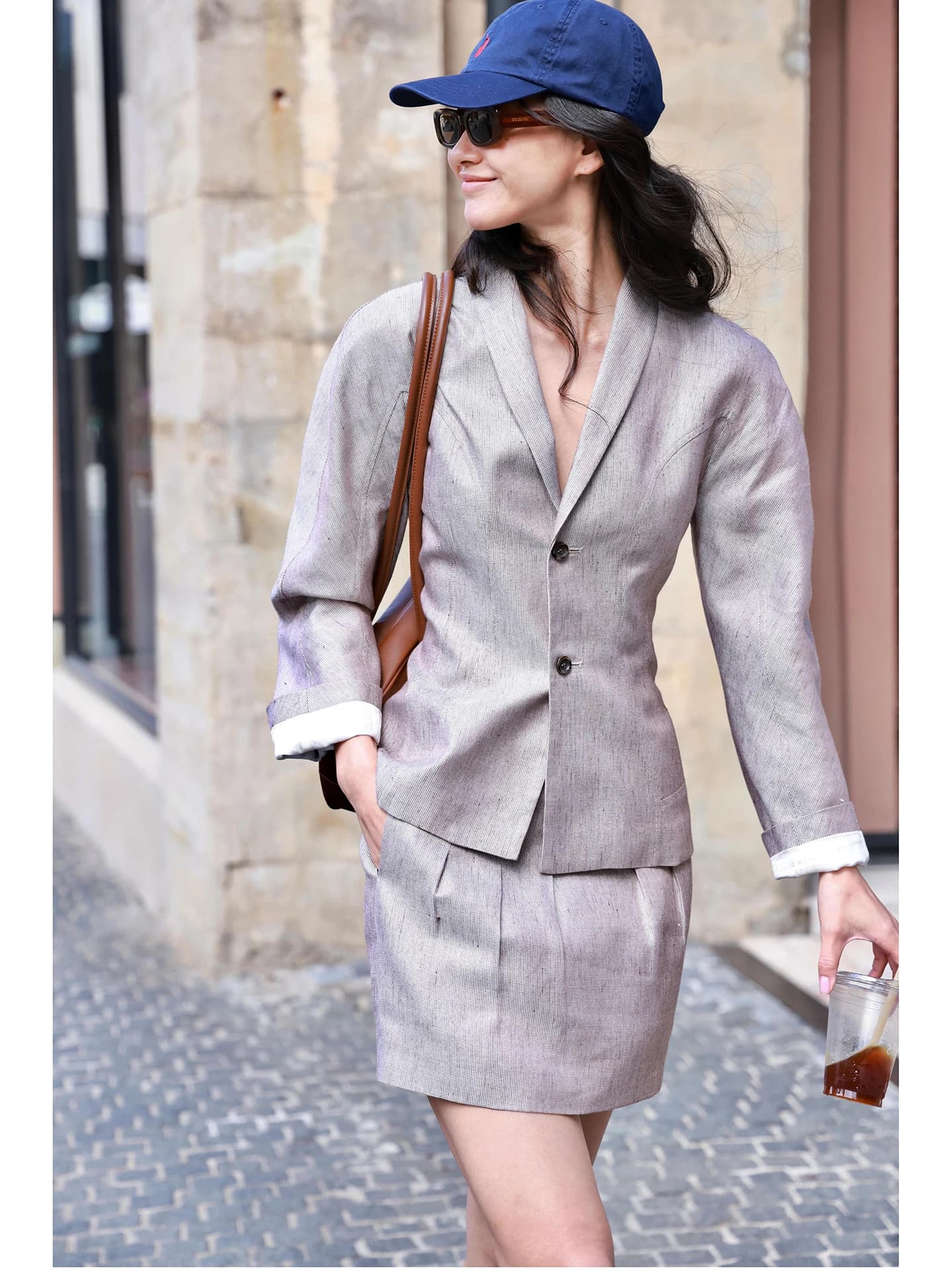 FANNIU Set Moda Donna Primavera Estate in Seta e Lino, Giacca a Quadri e Gonna Corta Stile Sirena, Traspirante con Maniche Lunghe S...