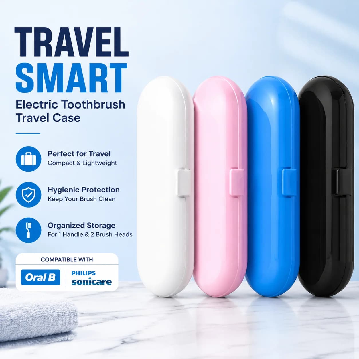 Electric Toothbrush Travel Case Compatible with Oral B & Philips Sonicare, Portable Storage Box for 1 Handle & 2 Brush Heads,