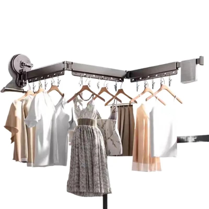 Folding Clothes Rod Two Suction Cup Dring Rack Invisible Retractable Clothes Hanger Home Balcony Nail-free Wall Mounted Metal