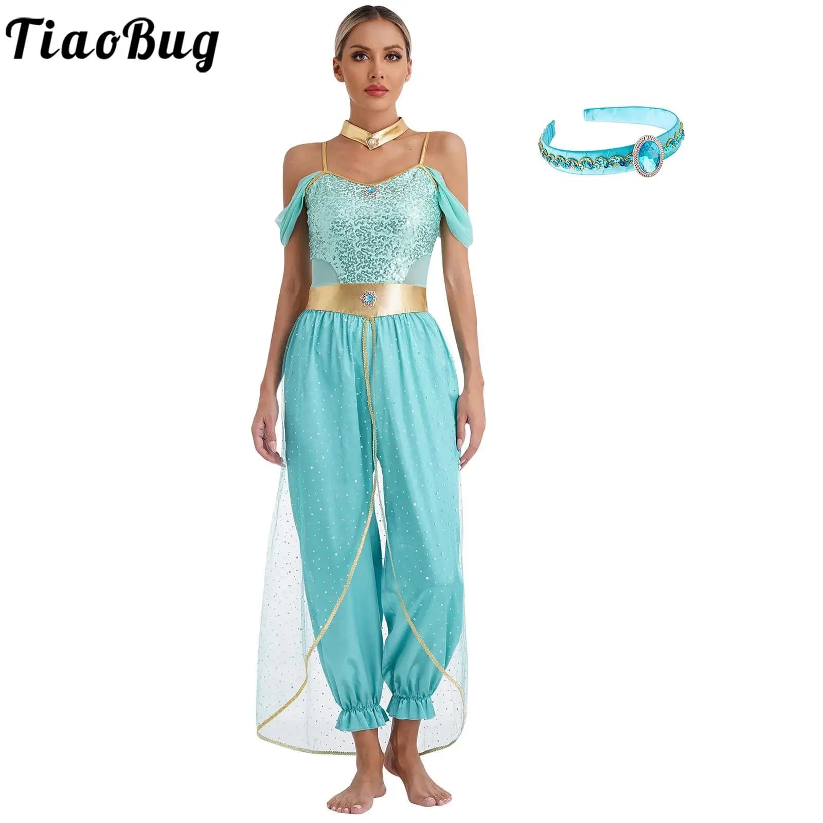 Costumi da principessa araba da donna Carnevale di Halloween Festa a tema Aladin Jasmines Outfit Pagliaccetti in tulle con paillettes Tuta da danza del ventre