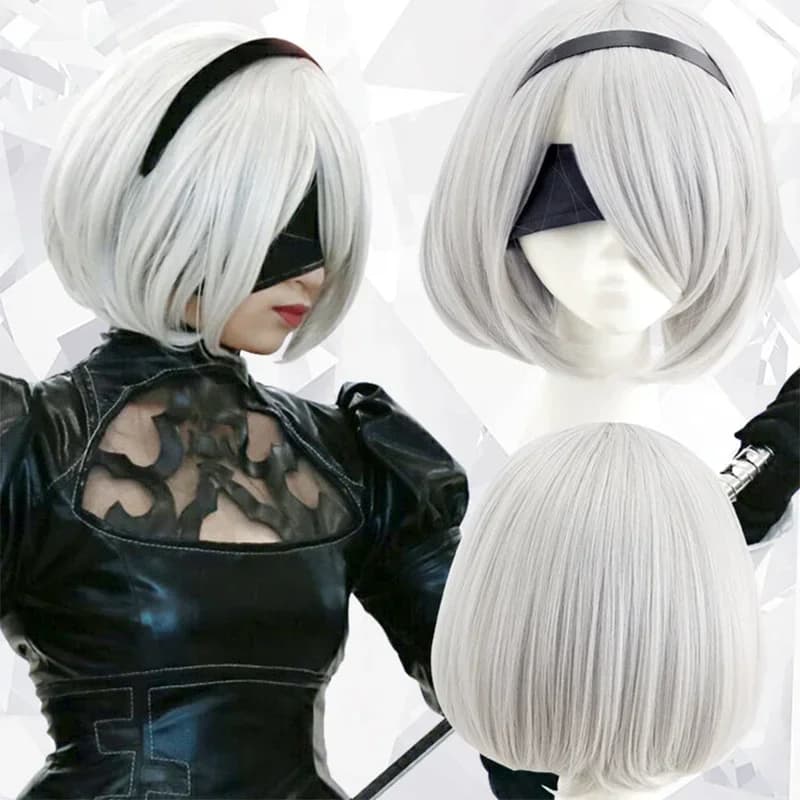 NieR: Automata 2B 9S Anime Cos Parrucca Argento Grigio Breve Rettilineo Cosplay Parrucca Sintetica YoRHa No.9 Modello S Parrucca