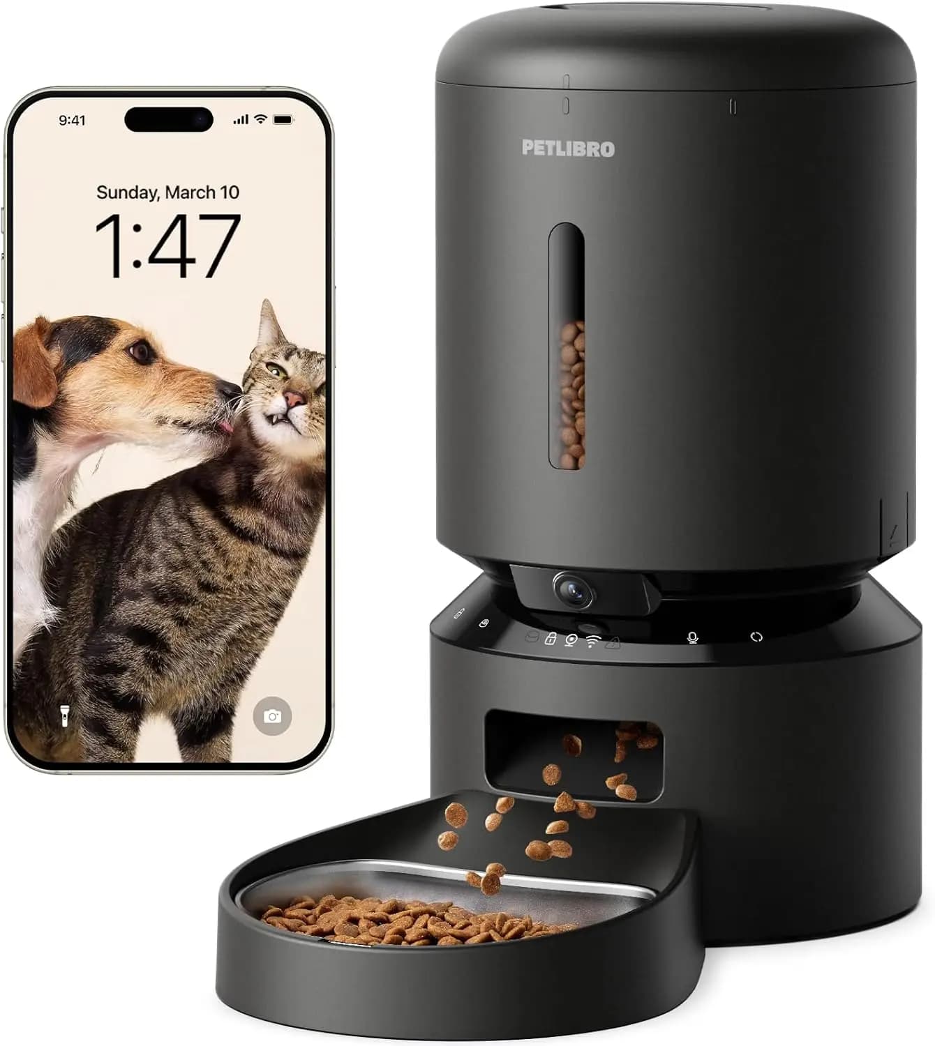 Distributore Automatico di Cibo per Animali con Telecamera, Video HD 1080P con Visione Notturna, Audio Bidirezionale WiFi, Sensore Alimentare per Gatti e Cani