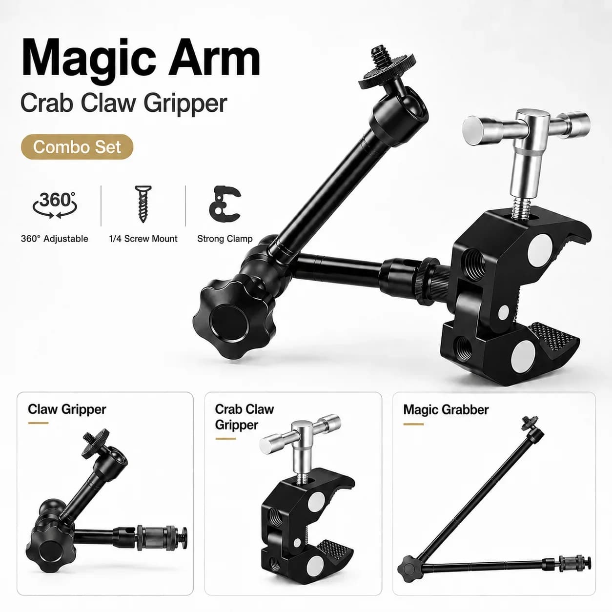 Magic Arm 7/11/20 Inch 360° Rotatable Metal Arm With 1/4 Screw For Monitor Video Light Smartphone Super Clamp Mount Heavy Duty