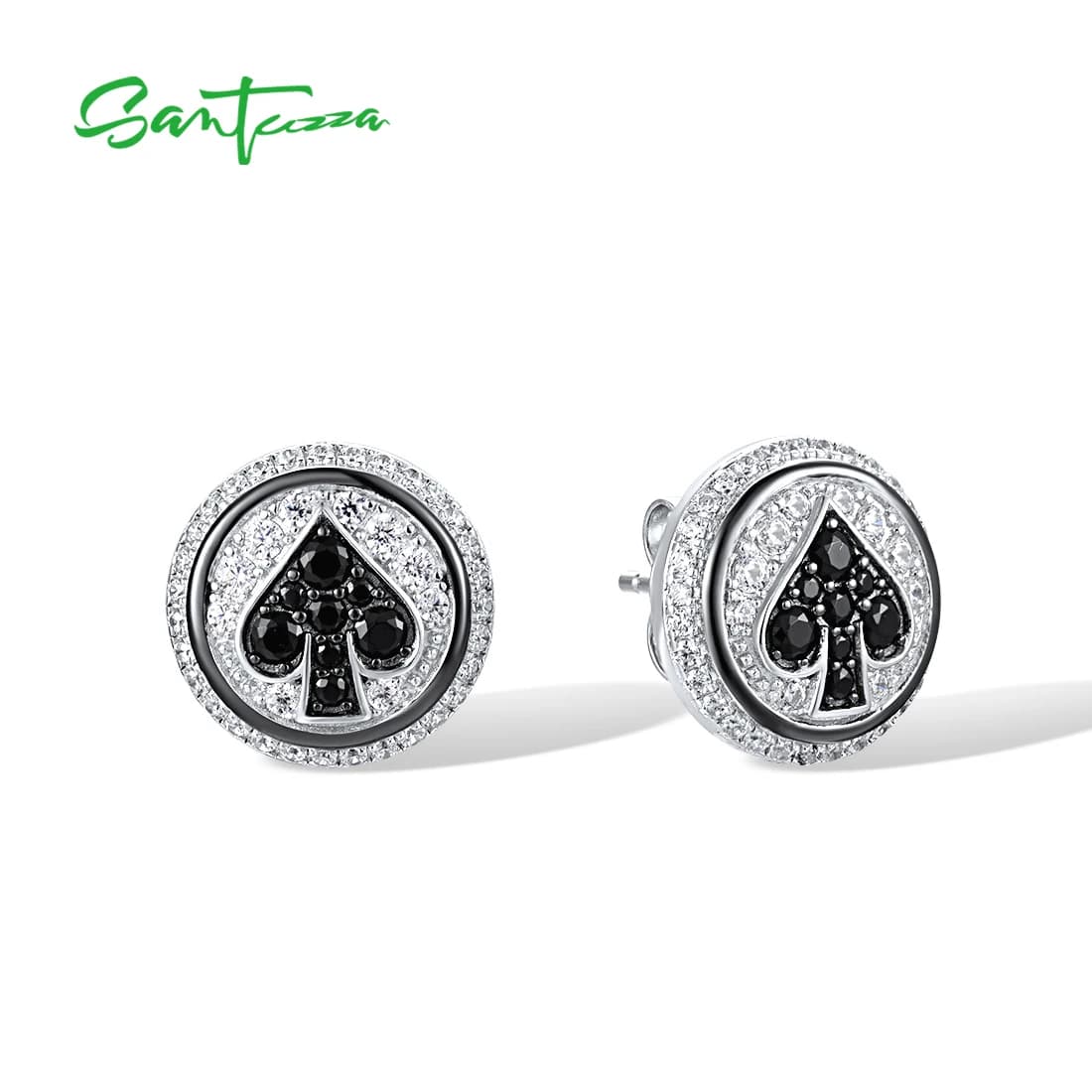 SANTUZZA Pure 925 Sterling Silver Stud Earrings For Women Sparkling White Cubic Zirconia Black Heart Gifts Lovely Fine Jewelry