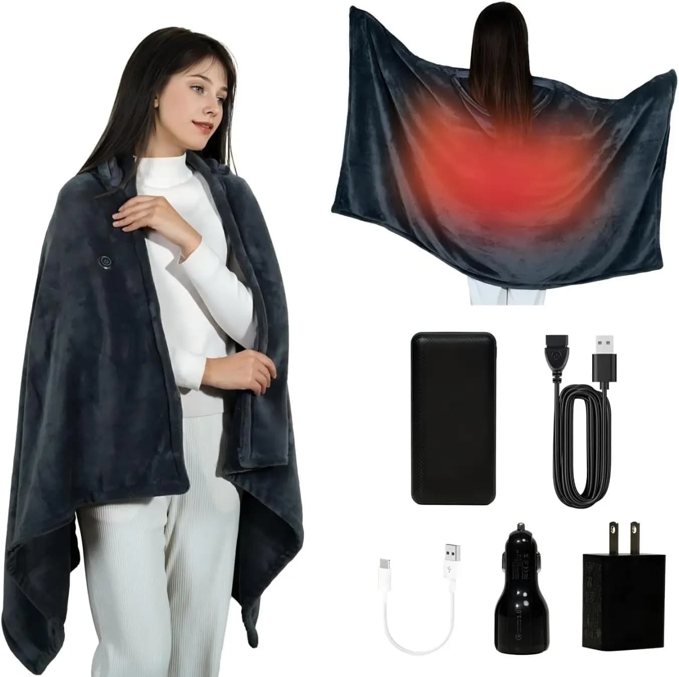 Coperta Riscaldata Senza Fili con Cappuccio, Batteria da 20000mAh, 9 Zone di Riscaldamento, 3 Livelli di Calore per Viaggi e Campeggio