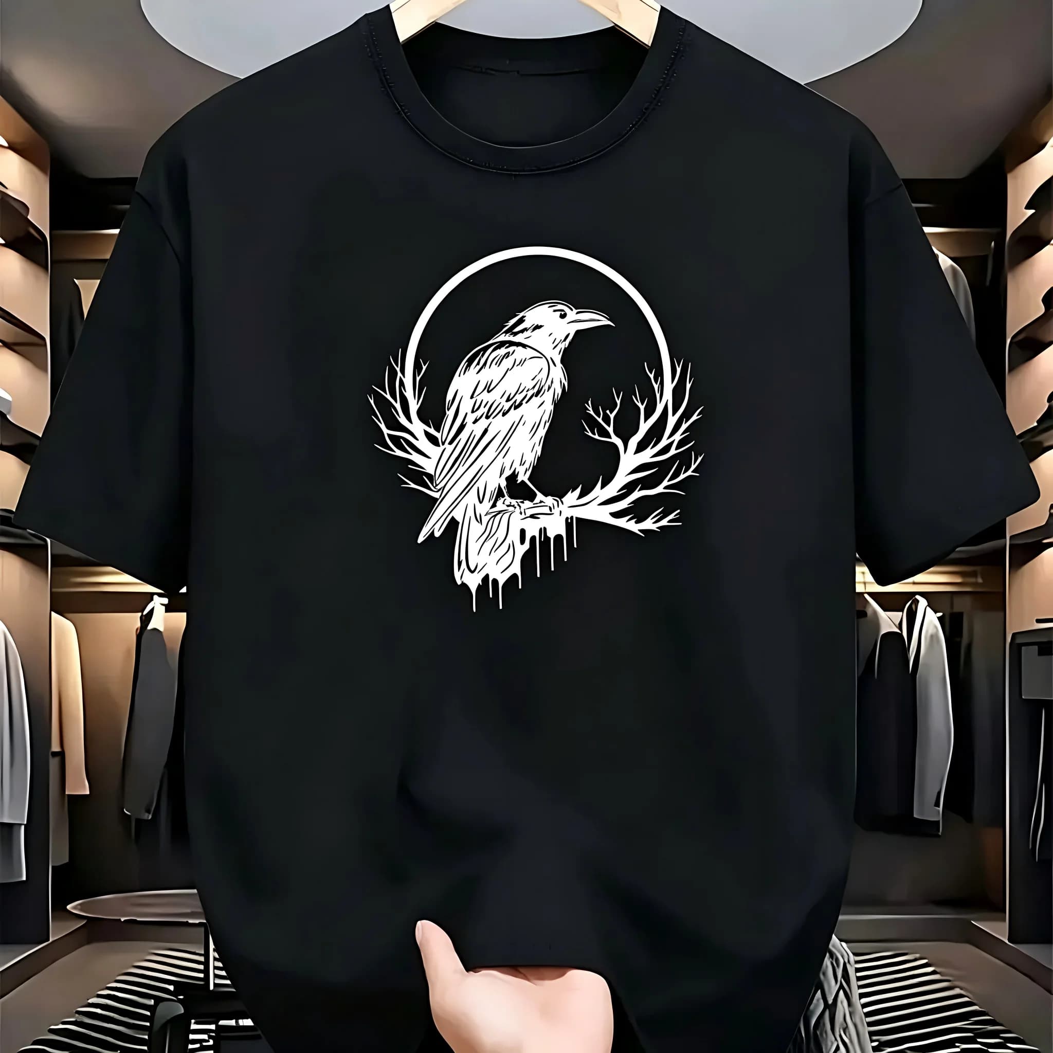 Gothic Raven Print Black Cotton T-Shirt Dark Crow Graphic Casual Short Sleeve Crew Neck Tee