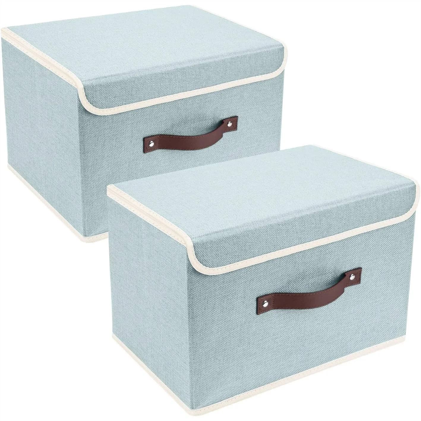 Collapsible Storage Boxes with Lids, Washable Fabric Bins for Closet Organization, 14.9x9.8x9.8 Inches, 2 Pack, Aqua Spring