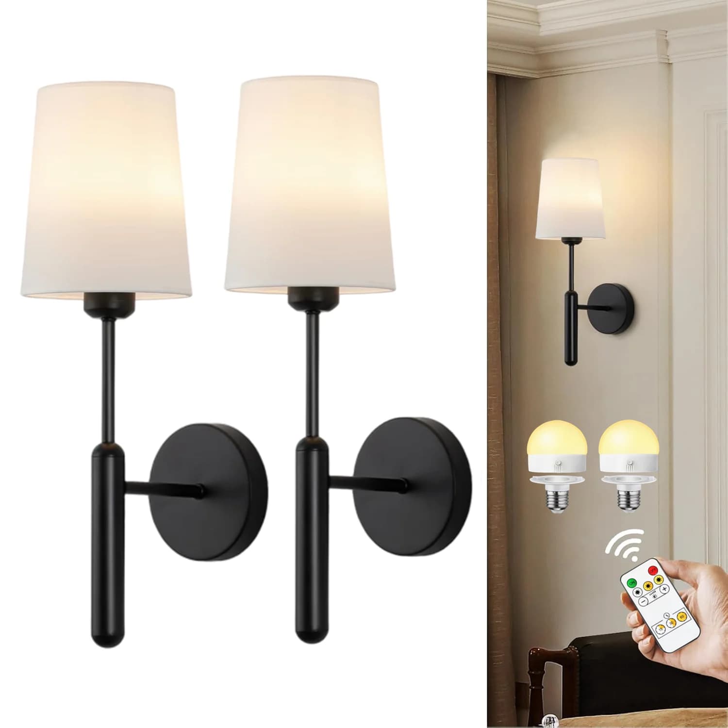 Lampade da parete wireless ricaricabili a batteria, set di 2 con telecomando, lampade da parete a LED dimmerabili wireless con batteria da 5000 mAh, luci per quadri, luci per specchi, lampade da parete senza fili per camera da letto e soggiorno