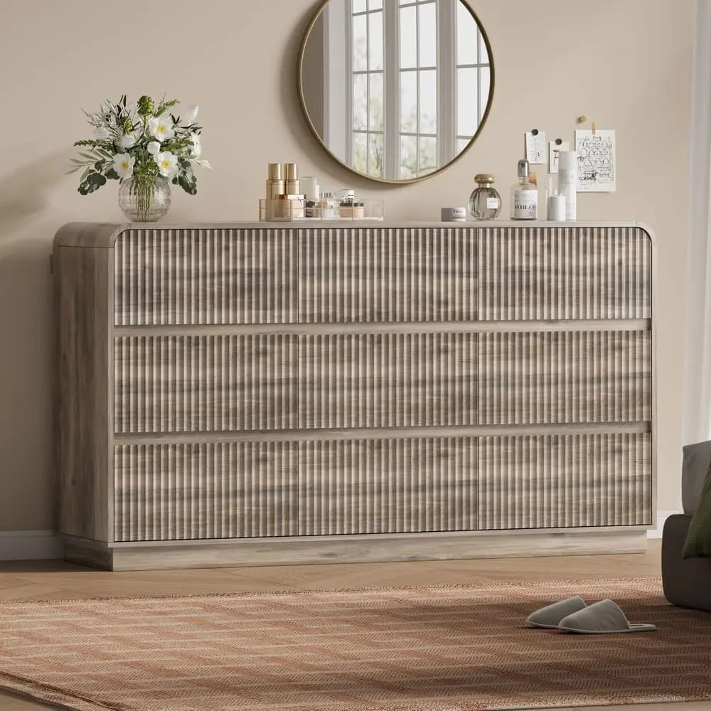 Grey Dresser 6 Drawer Dressers for Bedroom with LED Lights, Charging Station, Wood Chest of Drawers with Metal Handles, Modern