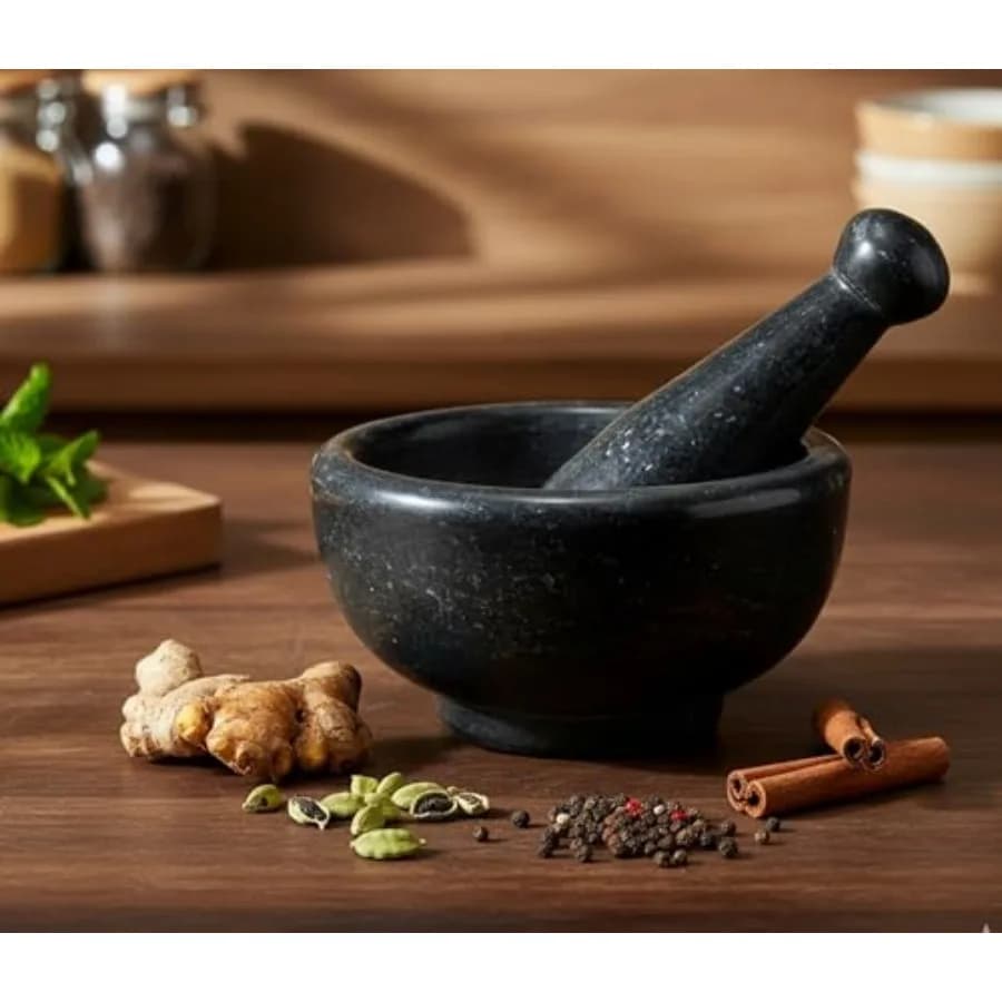 Set Mortaio e Pestello in Pietra Naturale da 6 Pollici, Resistente, per Spezie ed Erbe, Macinino per Guacamole, Non Poroso, Anti-Odore, Tritatore per Aglio