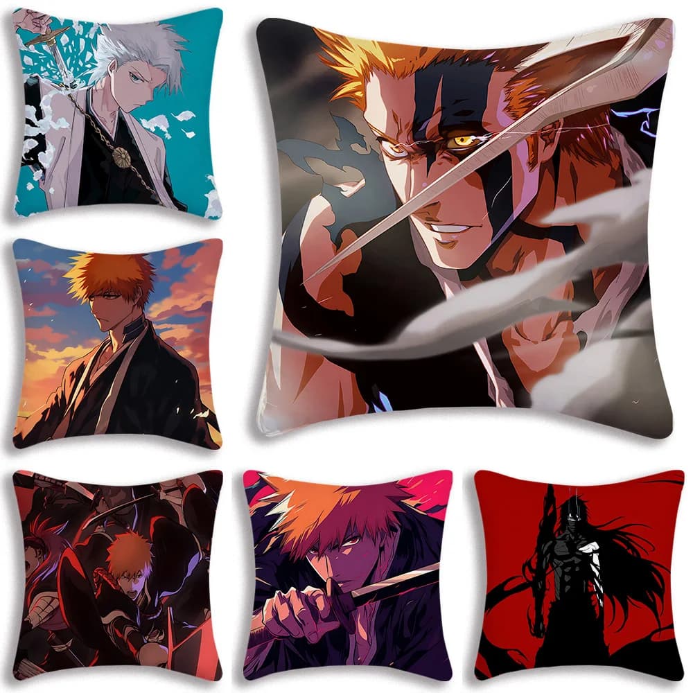 Hot Anime Bleach Ichigo Fodere per cuscini Cartoon Divano Decorativo Casa Stampa fronte-retro Breve peluche Fodera per cuscino carina