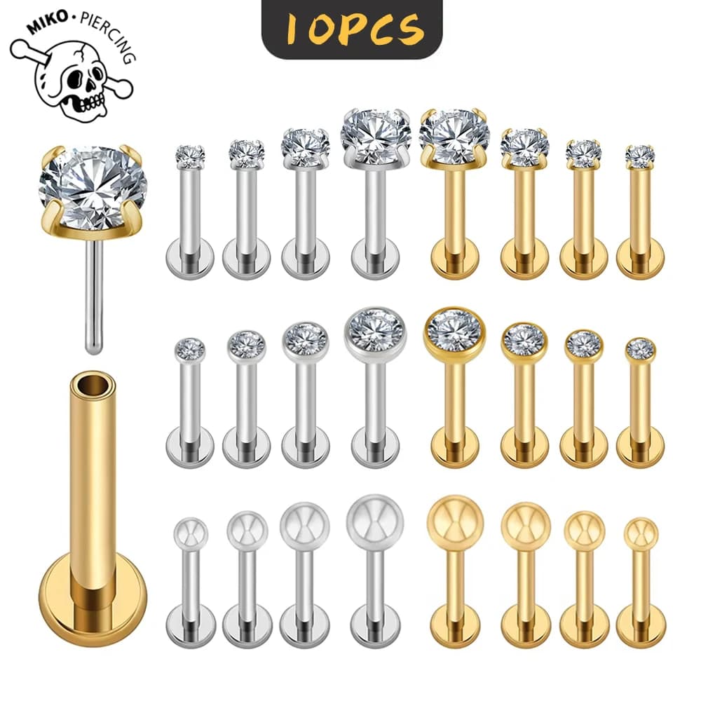 Set di 10 Piercing in Titanio G23 20/18/16g con Zirconi Cubici 2/2.5/3/4mm per Labbra, Orecchie, Trago e Cartilagine