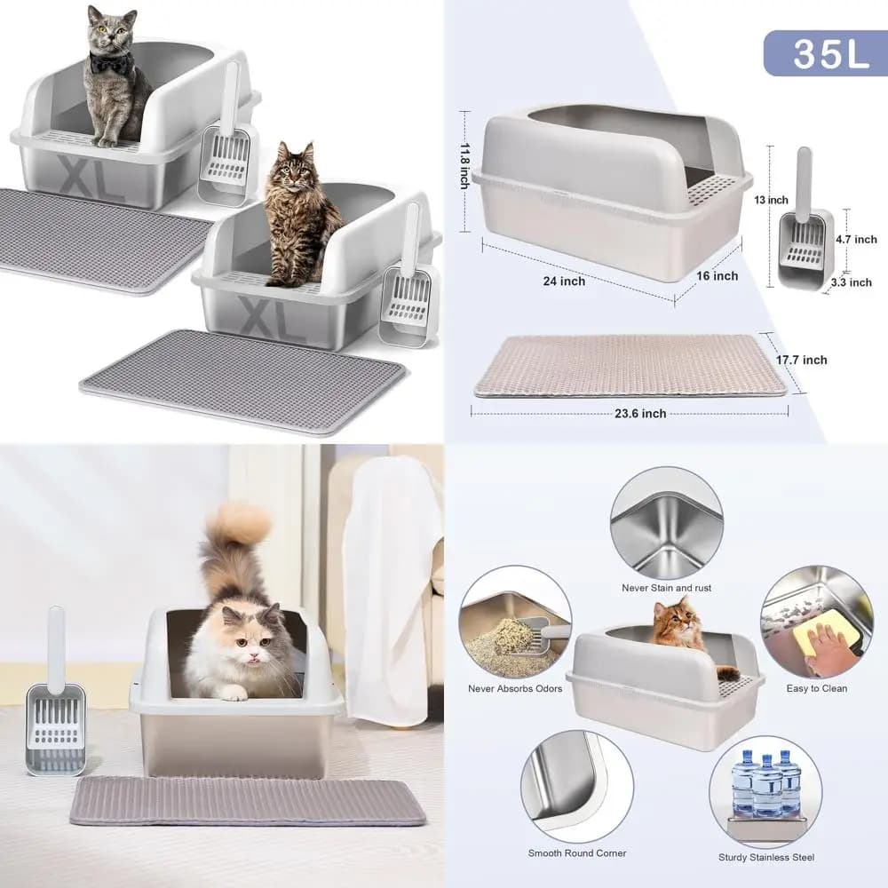 Lettiera per Gatti Extra Large in Acciaio Inox con Coperchio, 24x16x11.8, per Gatti Grandi, Anti-Perdita, Facile da Pulire, Include Tappetino