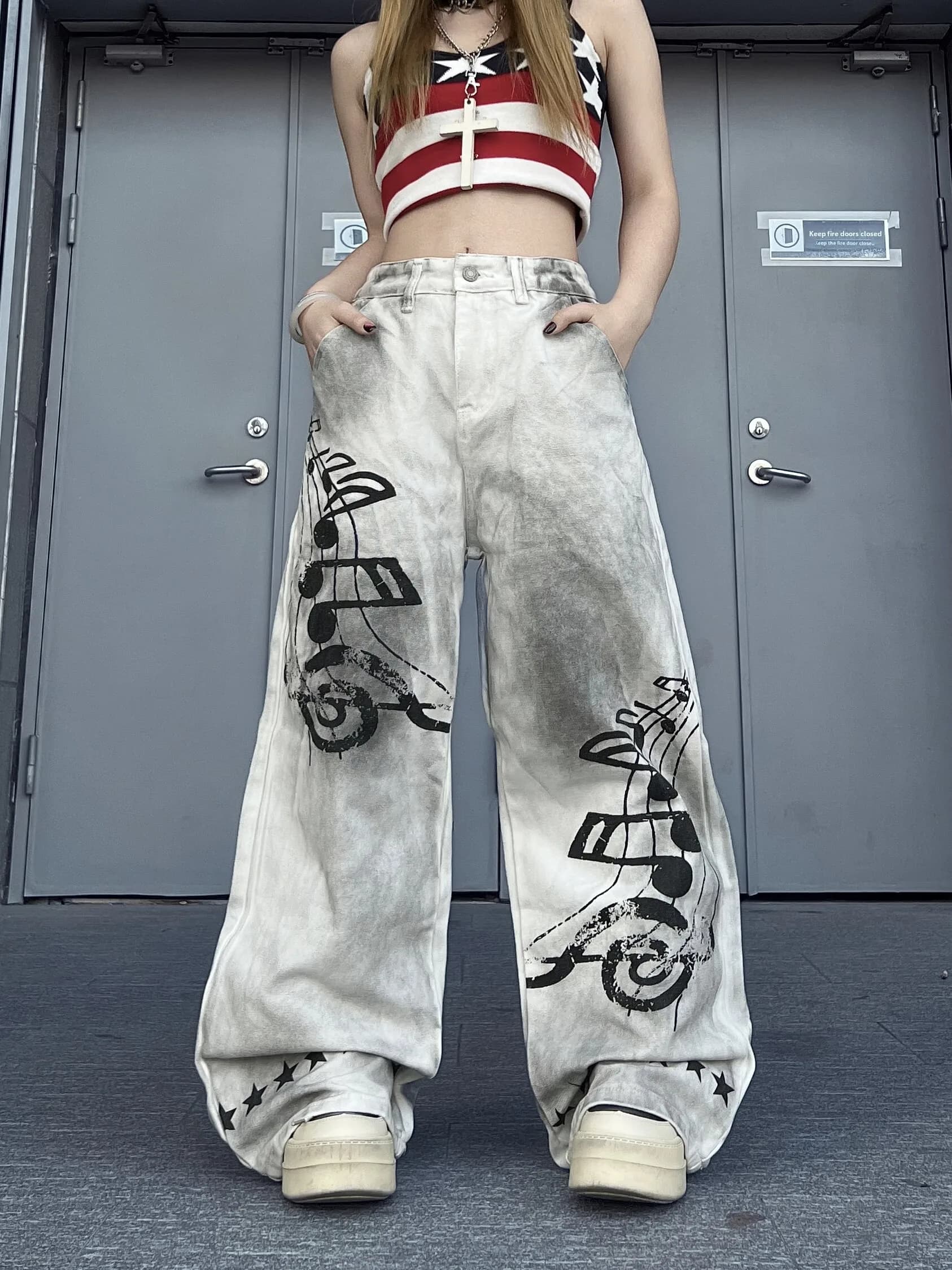 Retro American Street Heavy Work Printed Jeans Men's Loose Wide Leg Floor-Length Trousers Trendy Distressed Denim Jeans