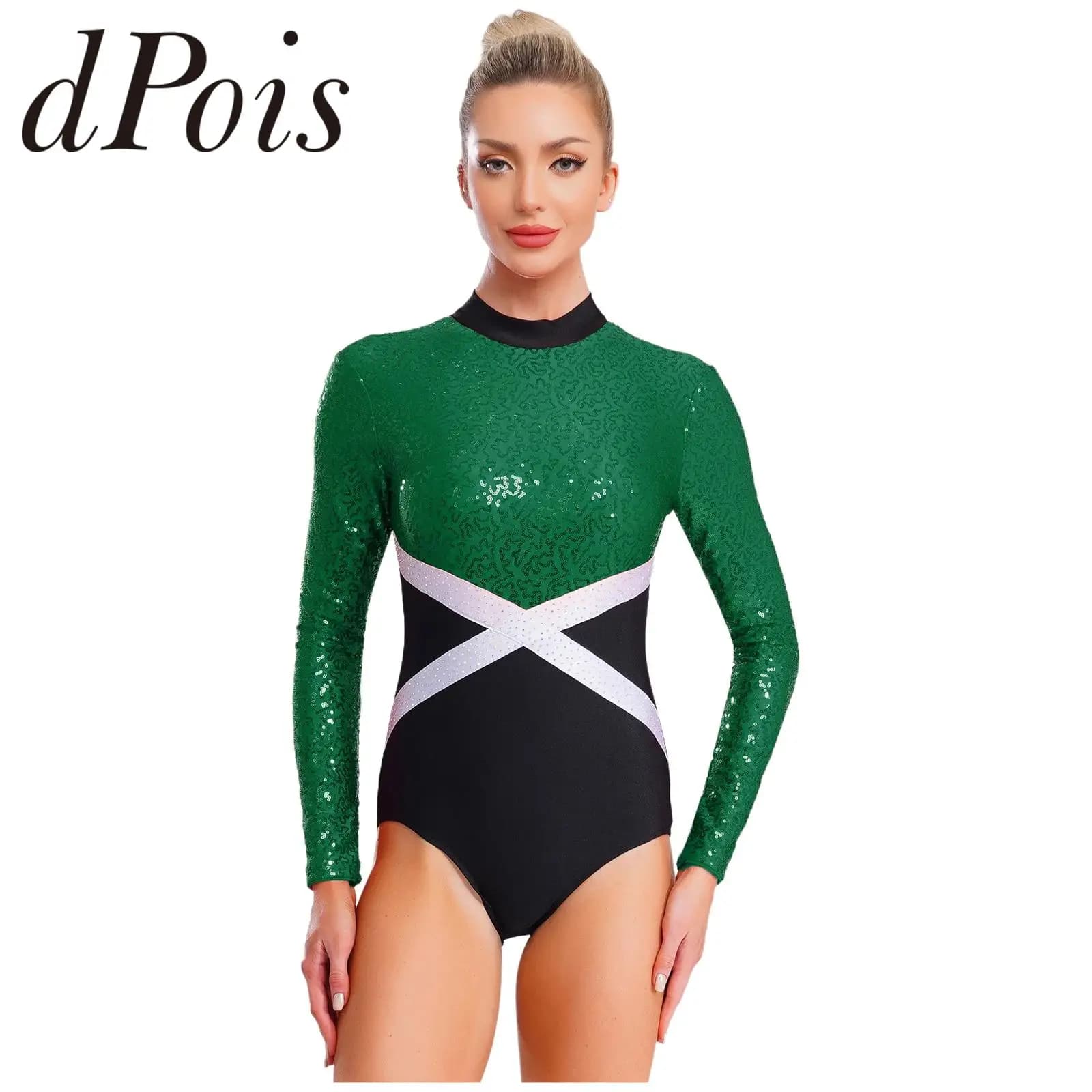 Body da ginnastica da donna con paillettes scintillanti Body da danza classica Manica lunga Body intero scavato Tuta da pattinaggio di figura