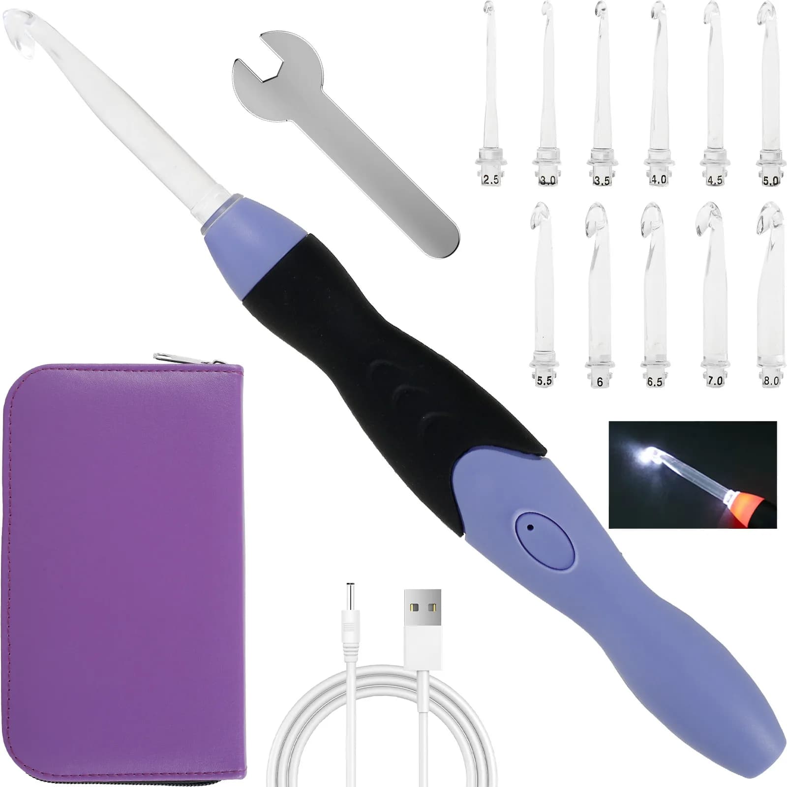 Uncinetti di 11 dimensioni con luce a LED, set di uncinetti da 2,5-8 mm con custodia Ganci per attrezzi all'uncinetto Uncinetto fai da te per principianti