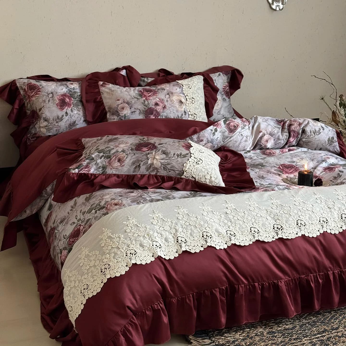Set di biancheria da letto di lusso con stampa digitale in cotone egiziano, tessuti per la casa, 4 pezzi, copripiumino con ricamo in pizzo, lenzuolo, federe.