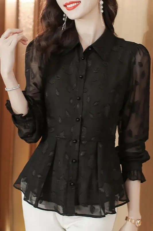 Elegante camicetta floreale in chiffon a maniche lunghe da donna, nuova collezione autunnale, gonna elegante che raccoglie la vita