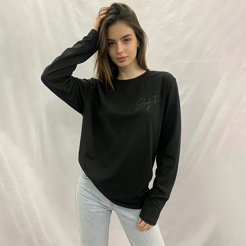 Long Sleeve T-Shirt Embroidered Letter Signature Chest Print Black White Casual Minimal Streetwear Tee