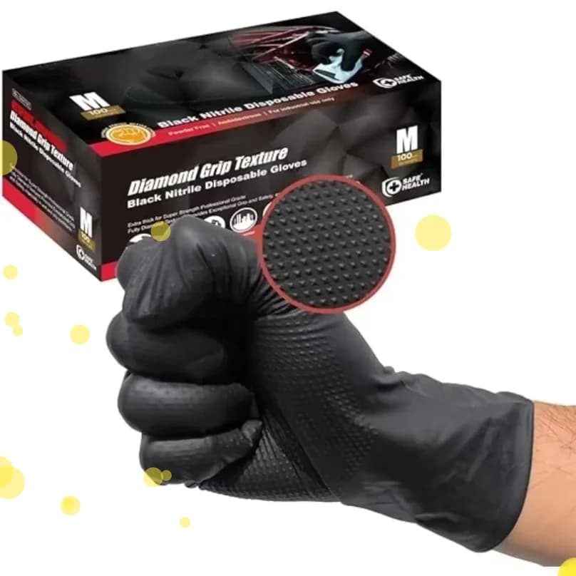 Guanti in Nitrile Nero Monouso 8-mil Senza Lattice per Meccanici, Guanti Industriali Resistenti con Texture a Diamante per Uomo