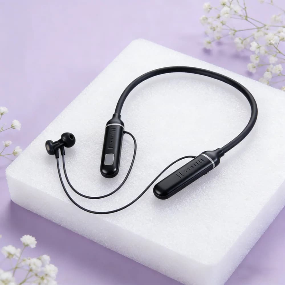 Bluetooth Collar Sports Headphones with LED Display Battery, Wireless Microphone, HIFI TWS Stereo, TF Card Holder