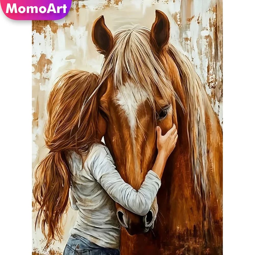 Momoart New Arrival Diamond Mosaic Girl Portrait Cross Stitch Diamond Painting Horse DIY Embroidery Home Living Room Art Craft
