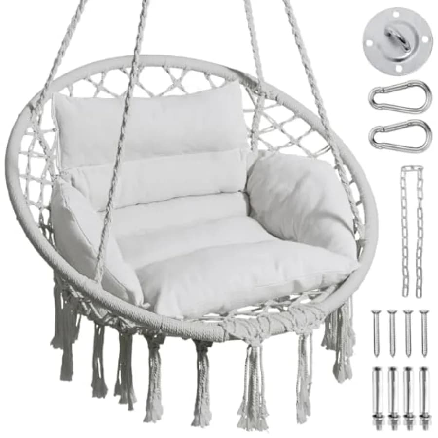 Amaca Boho chair in Macramè with Convenient Grey Cushion for Internal and External Use, Ideal for Bedroom, Patio, Balcony, Supports up to 150 kg