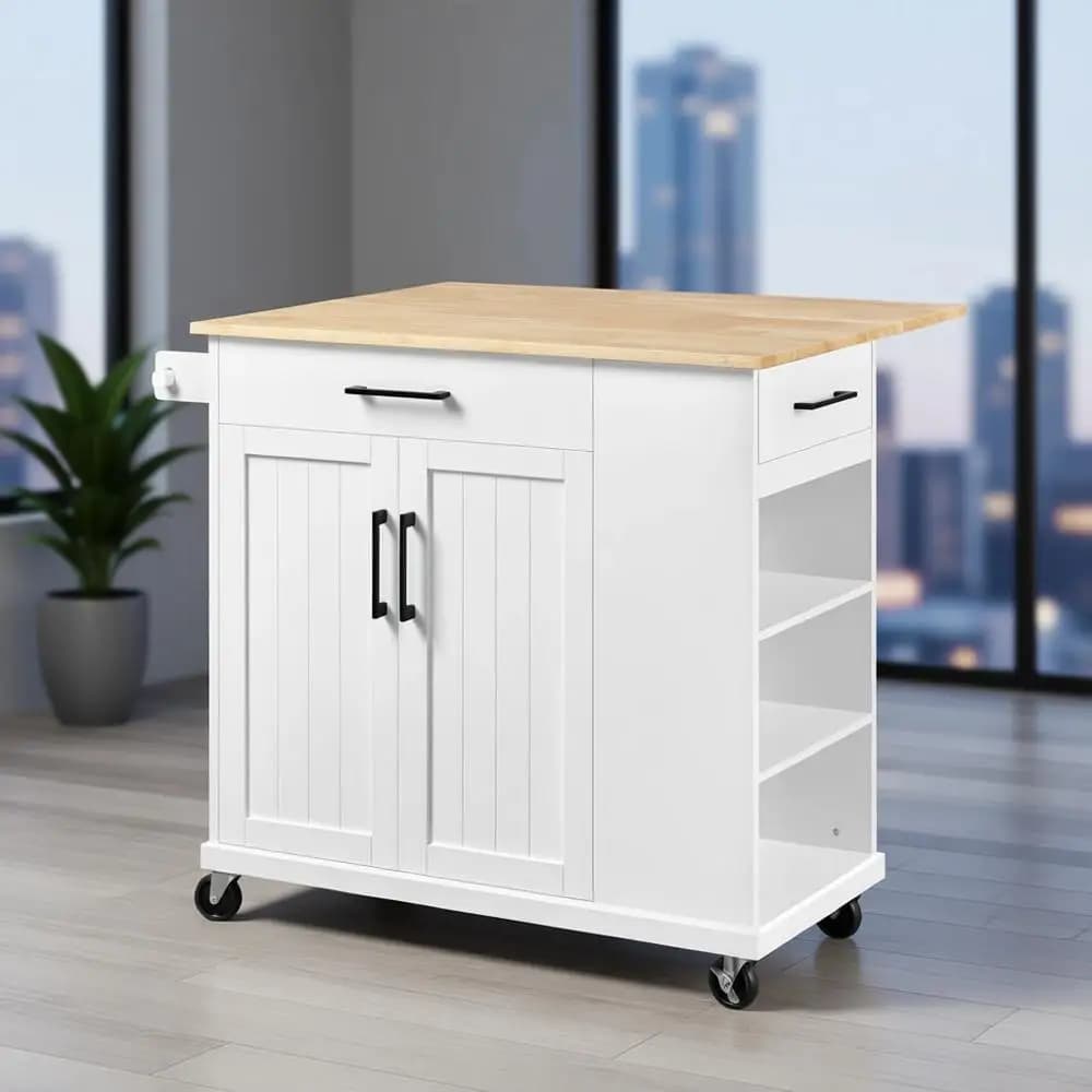 Isola da Cucina Portatile in Legno di Gomma con Piano Ribaltabile, Armadietto, Ripiani Aperti, Portasciugamani Rimovibile, Bianca