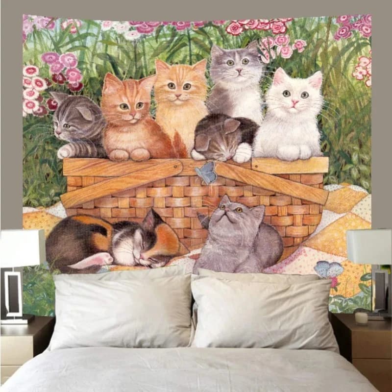 VIKAMA Funny Comic Meme Cat Tapestry Living Room Bedroom e-Sports Room Children's Room Wall Hanging Retro Countryside Home Decor