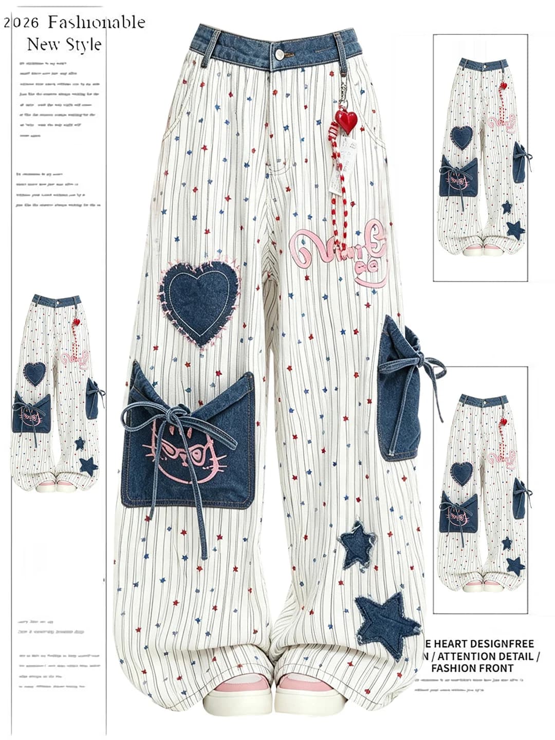 American Style High Waist Wide Leg Pants Women's Loose Casual Multi Pocket Workwear Cotton Jeans Autumn Season Love Embroidery
